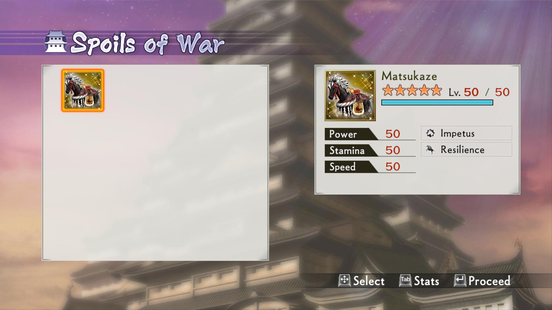 screenshot - Spoils of War Swt Matsukaze Lv. 50 50 Power Stamina Speed 50 50 50 Impetus Resilience Select Tab Stats Proceed