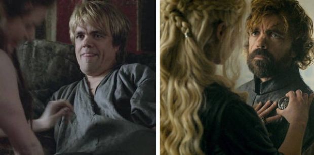 Tyrion Lannister. Looking like a porn extra in “Winter Is Coming” (season 1, episode 1) and someone who saw too much in “The Winds of Winter” (season 6, episode 10).