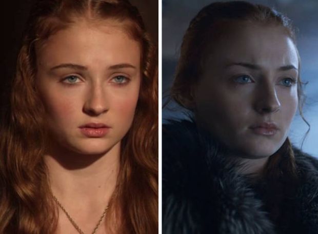 Sansa Stark. Wanting to marry Joffrey so bad in “Winter Is Coming” (season 1, episode 1) and Lady of the North in “The Winds of Winter” (season 6, episode 10).