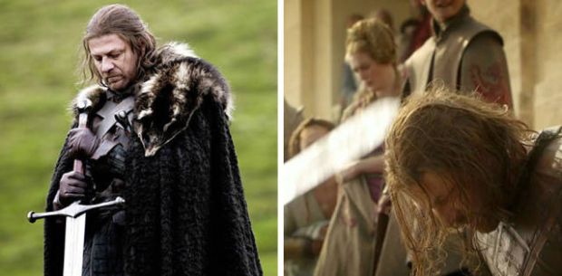 Ned Stark. Alive in “Winter Is Coming” (season 1, episode 1) and about to be decapitated in “Baelor” (season 1, episode 9).