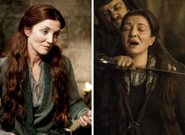 Catelyn Stark. Alive in “Winter Is Coming” (season 1, episode 1) and having her throat cut in “The Rains of Castamere” (season 3, episode 9).