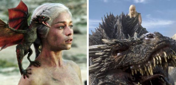 Drogon the dragon (original name, lol. Why aren't the other two Dragan and Drogan?). Little in “Fire and Blood” (season 1, episode 10) and huge in “The Winds of Winter” (season 6, episode 10).