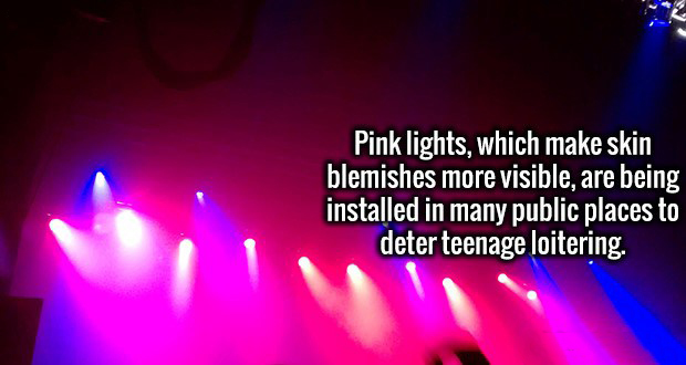 "the knights of prosperity" (2007) - Pink lights, which make skin blemishes more visible, are being installed in many public places to deter teenage loitering.