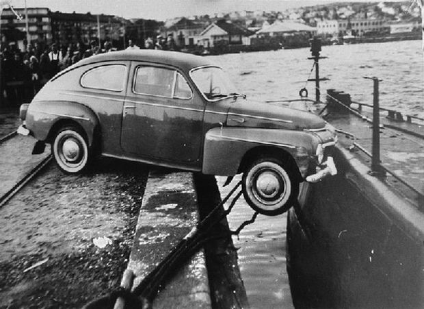 A seaman late to work parked his car partly on the submarine he was stationed on. When he came back both parts of the car were in the sea, Sweden 1961.