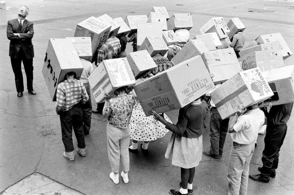 A cult of the Sun waits for an eclipse, Illinois, 1963. As always the leader has the best and doesn't have 
to wear a ceremonial cardboard box head wear.