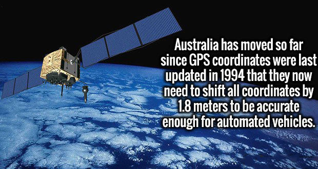 atmosphere - Australia has moved so far since Gps coordinates were last updated in 1994 that they now need to shift all coordinates by 1.8 meters to be accurate enough for automated vehicles.