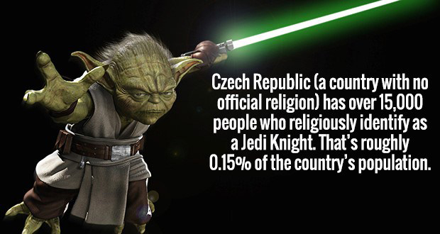 czech republic fun facts - Czech Republic a country with no official religion has over 15,000 people who religiously identify as a Jedi Knight. That's roughly 0.15% of the country's population.