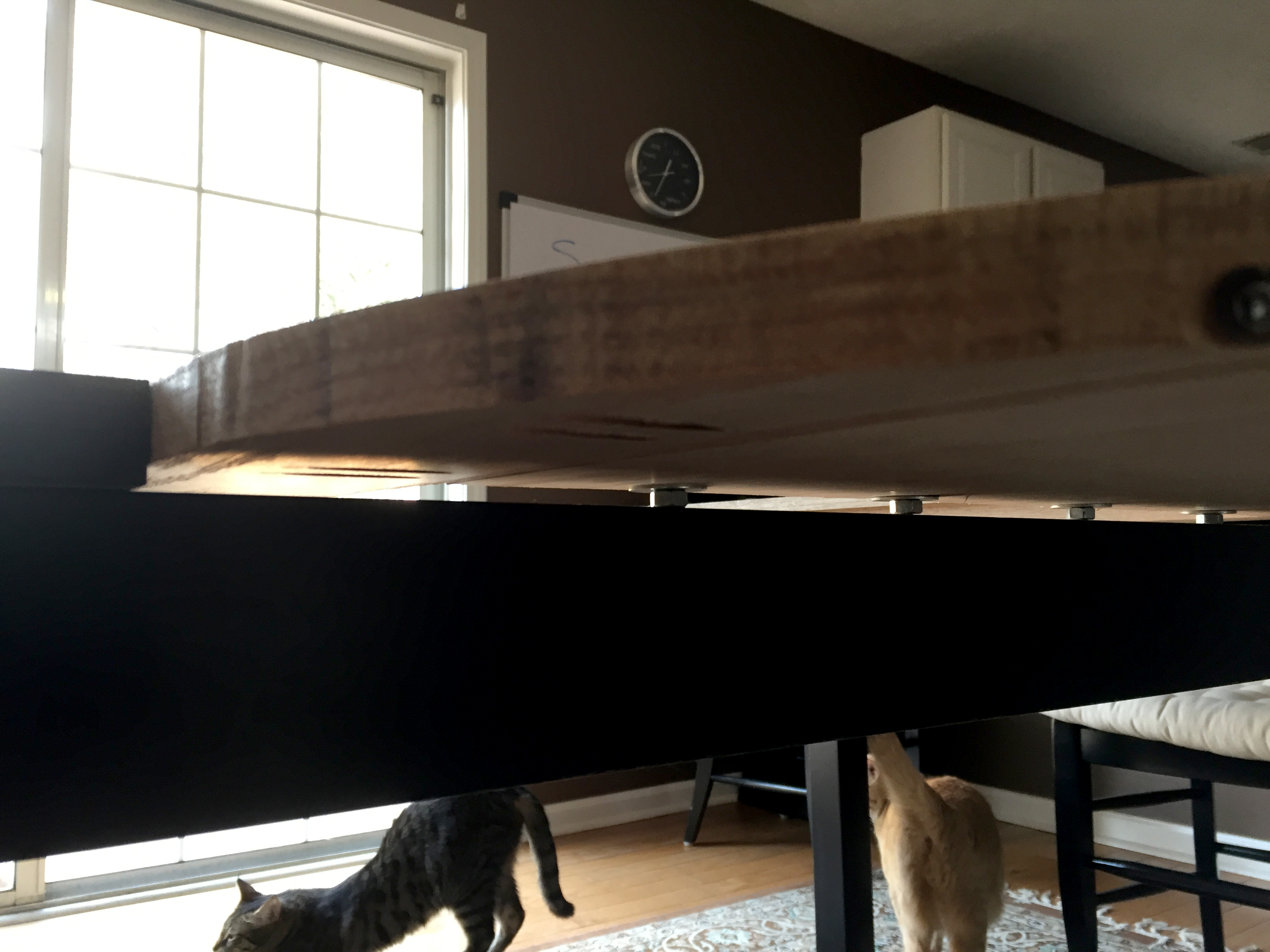 "I had a slight heart attack when I realized that the nuts for the bolts were exactly where the tables rails were located. Thankfully I managed to get bolts that were just the right size that when tightened with a washer and lock-washer the height was perfect to bring the top of the gaming table flush with the actual table.", you can see what his cat thinks about all of this.