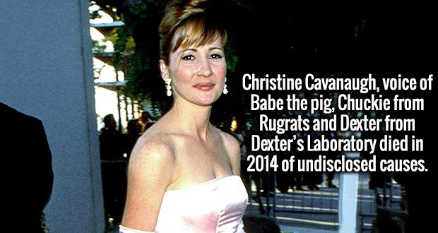 man in the brown suit - Christine Cavanaugh, voice of Babe the pig, Chuckie from Rugrats and Dexter from Dexter's Laboratory died in 2014 of undisclosed causes.