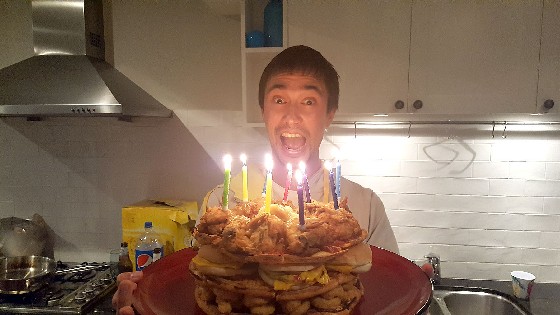 Step 9: Jab candles into the chicken and present it to the birthday boy.