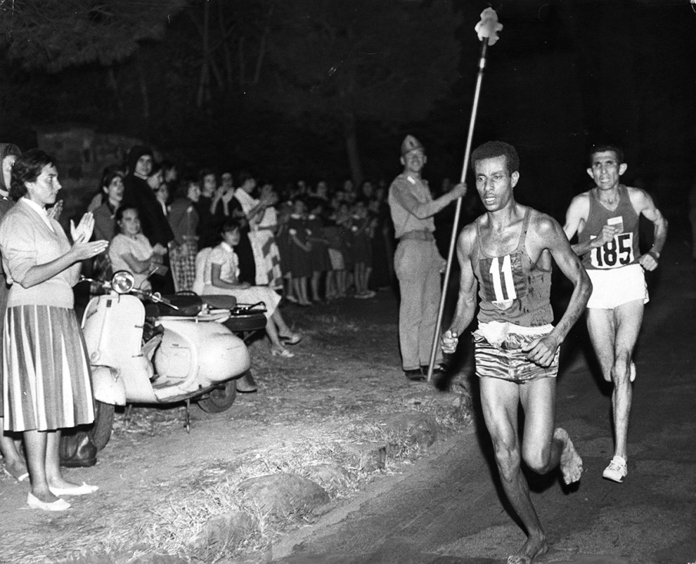 Twenty-eight-year-old Abebe Bikila of Ethiopia was relatively unknown when he entered the men’s marathon final in the 1960 Summer Olympics in Rome. After realizing that the running shoes he was given did not fit properly, Bikila arrived at the starting line completely barefoot. The officials, in complete disbelief, allowed Bikila to compete. He went on to win the gold medal with a new Olympic record time of 2 hours, 15 minutes, and 16 seconds. Four years later at the 1964 Summer Olympics in Tokyo he brought home a second gold — this time with sneakers.