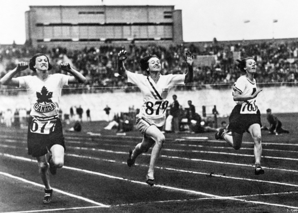At the turn of the 19th century, women were not allowed to participate in the 100-meter race. That all changed when the rules were amended at the 1928 Summer Olympics in Amsterdam, allowing American athlete Betty Robinson (center) to be the first woman in history to take gold in the event. Canadians Bobbie Rosenfeld (left) and Ethel Smith (right) took silver and bronze, respectively.