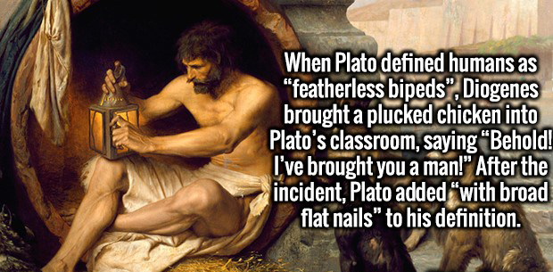 human behavior - When Plato defined humans as "featherless bipeds, Diogenes brought a plucked chicken into Plato's classroom, saying Behold! I've brought you a man!" After the incident, Plato added with broad flat nails" to his definition.