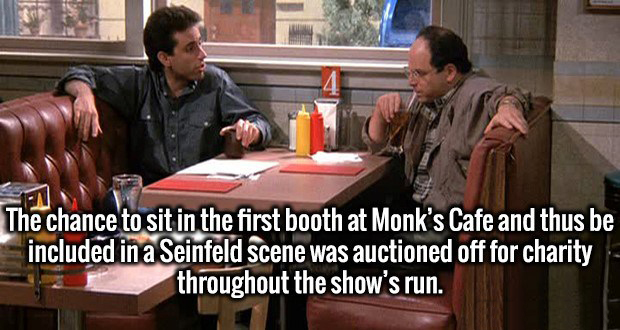 monks cafe seinfeld - The chance to sit in the first booth at Monk's Cafe and thus be included in a Seinfeld scene was auctioned off for charity throughout the show's run.