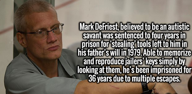 photo caption - Mark Defriest, believed to be an autistic savant was sentenced to four years in prison for stealing tools left to him in his father's will in 1979. Able to memorize and reproduce jailers' keys simply by looking at them, he's been imprisone