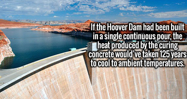 glen canyon dam - If the Hoover Dam had been built in a single continuous pour, the heat produced by the curing concrete would've taken 125 years to cool to ambient temperatures.