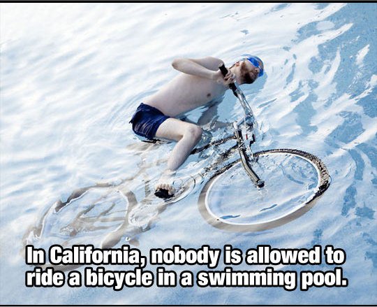 bike riding and swimming - In California, nobody is allowed to ride a bicycle in a swimming pool.