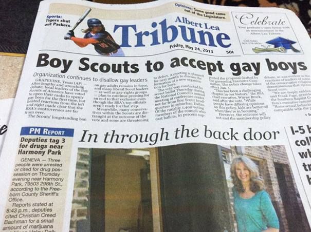 newspaper fails - same Sports Tigers shut out Packers Albert Lea l ebrale Tribune Boy Scouts to accept gay boys Friday, Www Organization continues to disallow gay leaders Grapevine Ap wertyd wedisand whatearothy An a ve veted plano their rankopenly ht for