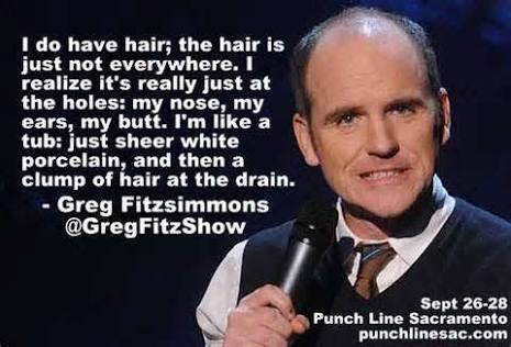 standup quotes - I do have hair; the hair is just not everywhere. I realize it's really just at the holes my nose, my ears, my butt. I'm a tub just sheer white porcelain, and then a clump of hair at the drain. Greg Fitzsimmons Fitz Show Sept 2628 Punch Li