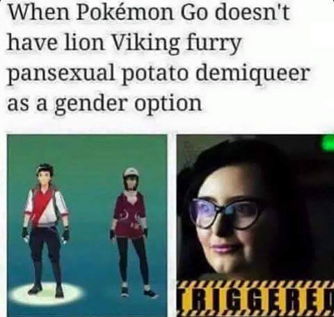 triggered meme - When Pokmon Go doesn't have lion Viking furry pansexual potato demiqueer as a gender option Riggeriet