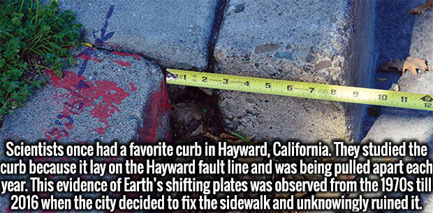 allah - 1 2 3 4 5 6 7 8 9 10 11 12 Scientists once had a favorite curb in Hayward, California. They studied the curb because it lay on the Hayward fault line and was being pulled apart each year. This evidence of Earth's shifting plates was observed from 