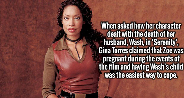 album cover - When asked how her character dealt with the death of her husband, Wash, in 'Serenity, Gina Torres claimed that Zoe was pregnant during the events of the film and having Wash's child was the easiest way to cope.