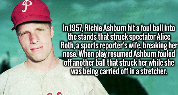 cap - In 1957, Richie Ashburn hit a foul ball into the stands that struck spectator Alice Roth, a sports reporter's wife, breaking her nose. When play resumed Ashburn fouled off another ball that struck her while she was being carried off in a stretcher.