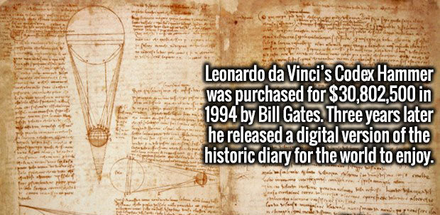 writing - Leonardo da Vinci's Codex Hammer was purchased for $30,802,500 in 1994 by Bill Gates. Three years later he released a digital version of the historic diary for the world to enjoy. are www. She Celem Var