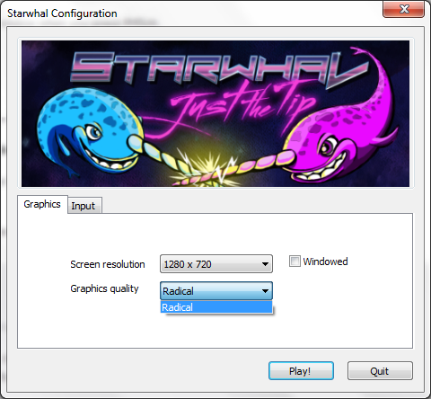 cartoon - Starwhal Configuration Sterlhe Graphics Input Screen resolution 1280 x 720 Windowed Graphics quality Radical Radical Radical Play! Quit