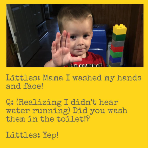 toddler - Littles Mama I washed my hands and face! Q Realizing I didn't hear water running Did you wash them in the toilet!? Littles Yep!