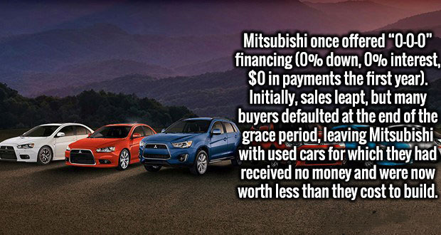 fédération française d'athlétisme - Mitsubishi once offered 000" financing 0% down, 0% interest. $0 in payments the first year. Initially, sales leapt, but many buyers defaulted at the end of the grace period, leaving Mitsubishi with used cars for which t