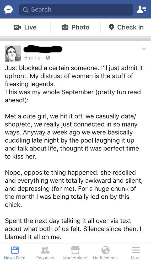 This guy was one of the "nice guys", the guys that claim to not be like other guys. "Nice guys" always say how they respect women and they should pick him and not some "rude asshole".