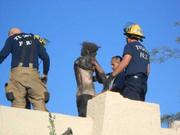 Unfortunately he got stuck in there for four hours. Finally rescuers arrived on the scene after neighbors heard him screaming and called the cops. Remember kids- don't get into a chimney unless reindeer is your pet, you dress in red and carry gifts.