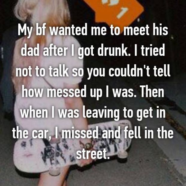 whisper - the pentagon, 9/11 memorial - My bf wanted me to meet his dad after I got drunk. I tried not to talk so you couldn't tell how messed up I was. Then when I was leaving to get in the car, I missed and fell in the street.