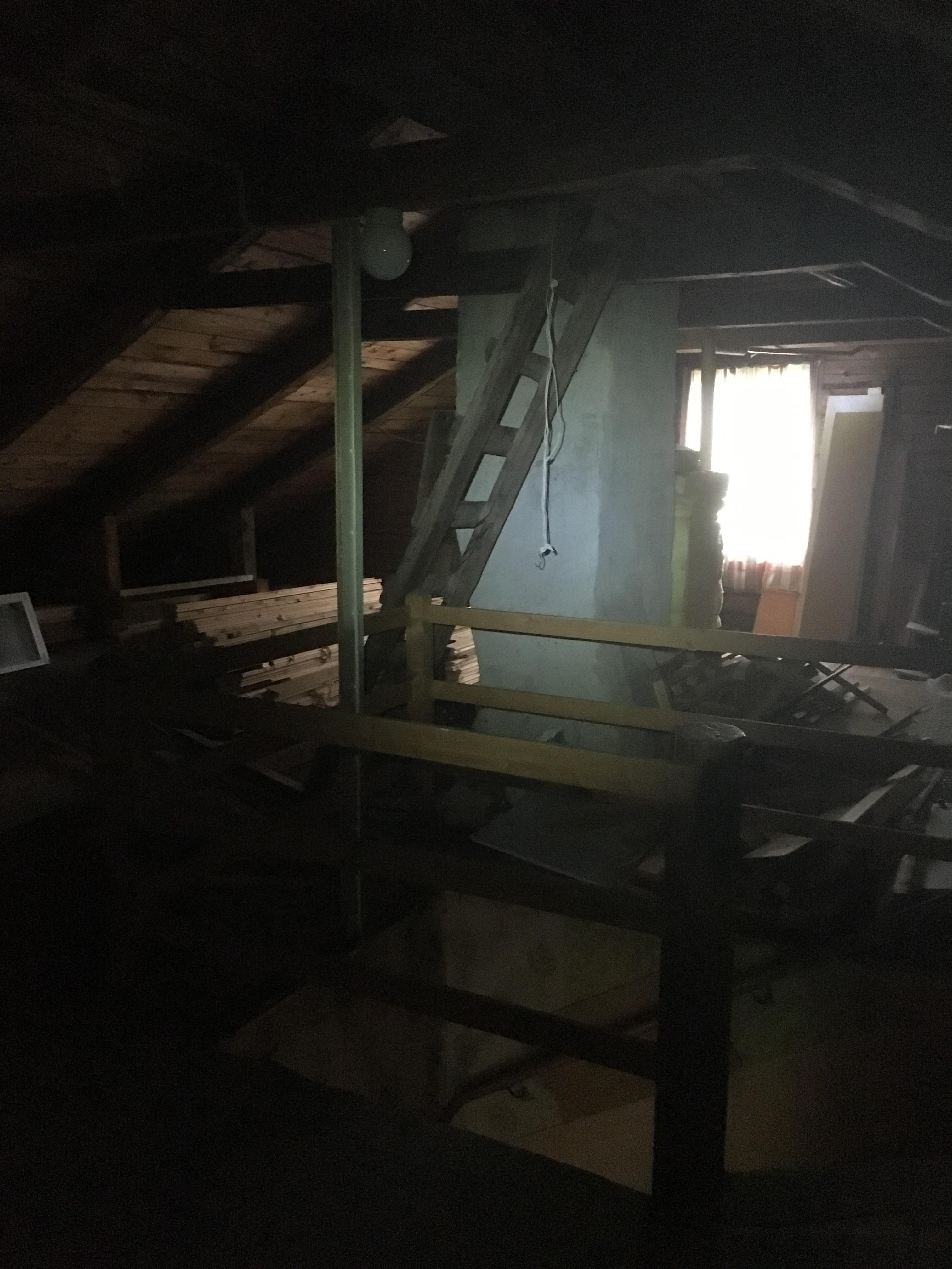 The only empty space (well not full of shit) was the attic; a beautiful large area, and here you can see one of the chimneys cutting through it to the roof.