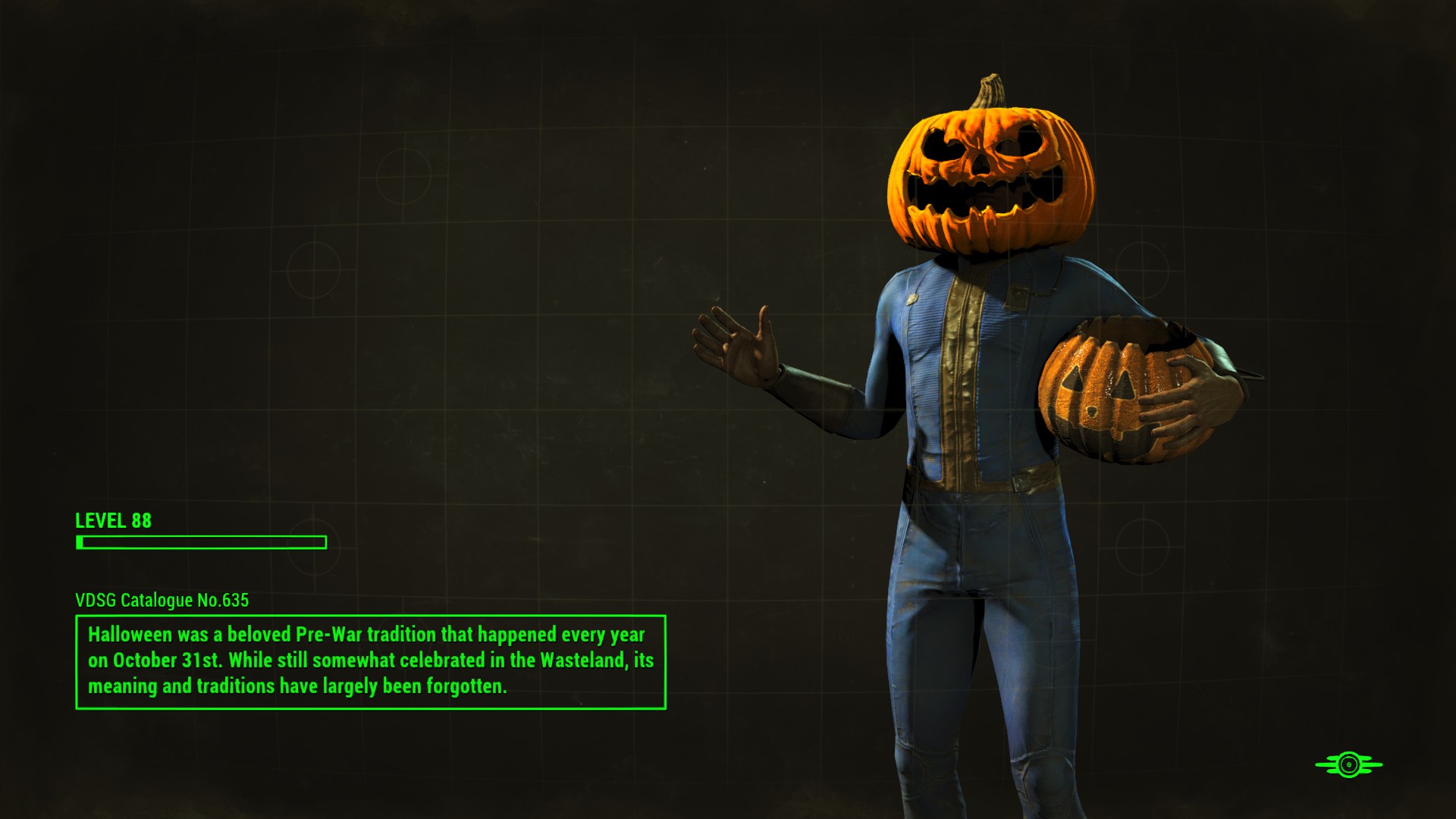 funny gaming memes - pumpkin in fallout 4 - Level 88 Vdsg Catalogue No.635 Halloween was a beloved PreWar tradition that happened every year on October 31st. While still somewhat celebrated in the Wasteland, its meaning and traditions have largely been fo