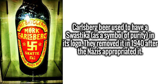 beer bottle - Bryggerie AzretBr 15 Mork Carlsberc Carlsberg beer used to have a Swastika as a symbol of purity in its logo. They removed it in 1940 after the Nazis appropriated it. Oh Pastguru Skatte Fri Princ lolot Olets