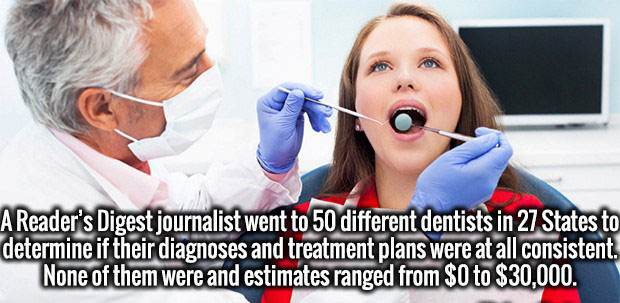 Dentistry - A Reader's Digest journalist went to 50 different dentists in 27 States to determine if their diagnoses and treatment plans were at all consistent. None of them were and estimates ranged from $0 to $30,000.