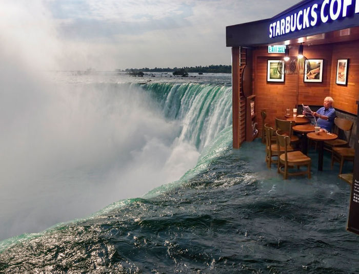 man reading newspaper flooded - Starbucks Coh En