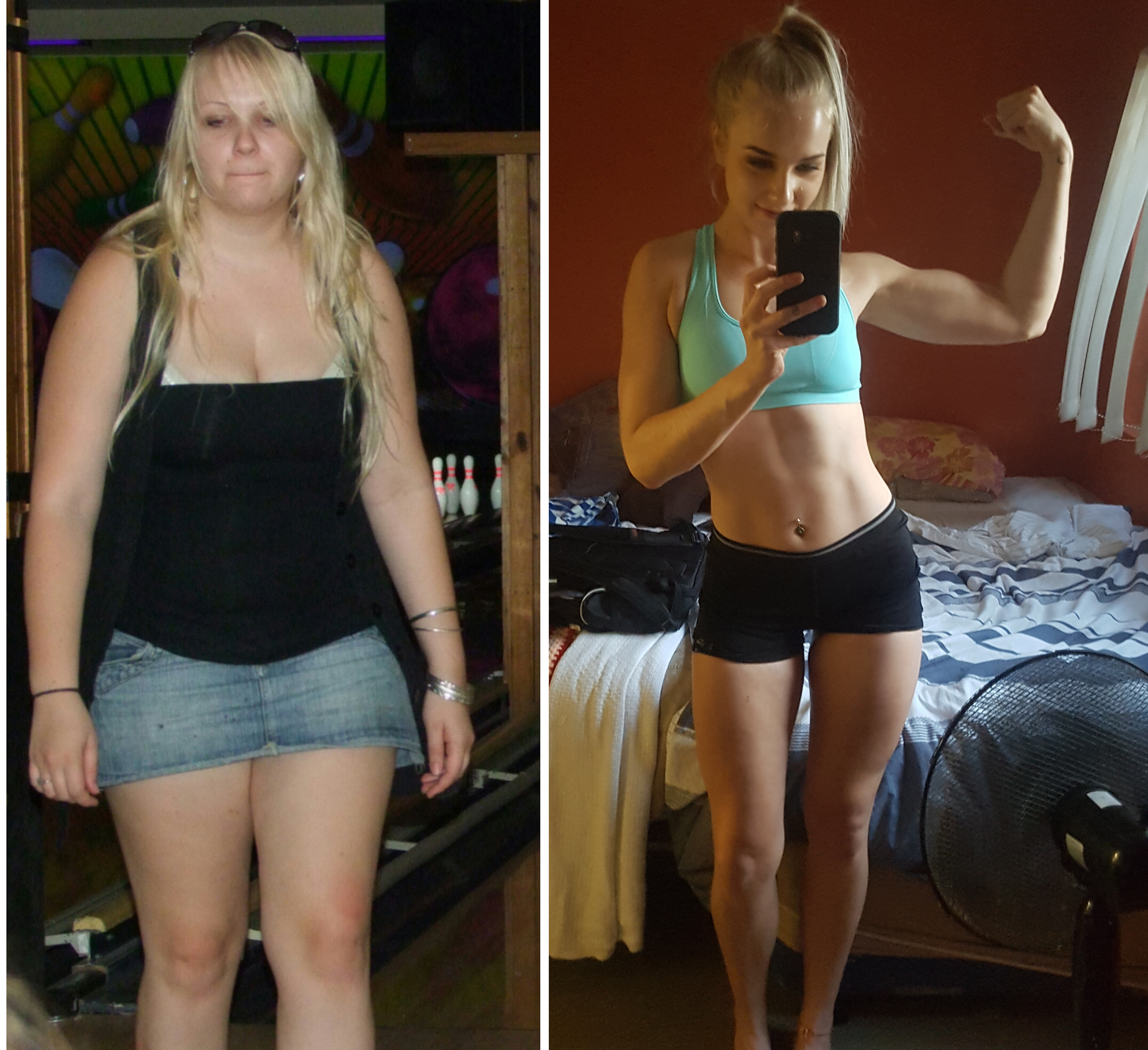 In 2010   she weighed roughly 95 kg (209 lb). The second pic was from a few weeks ago and it's around 72 kg (158 lbs).