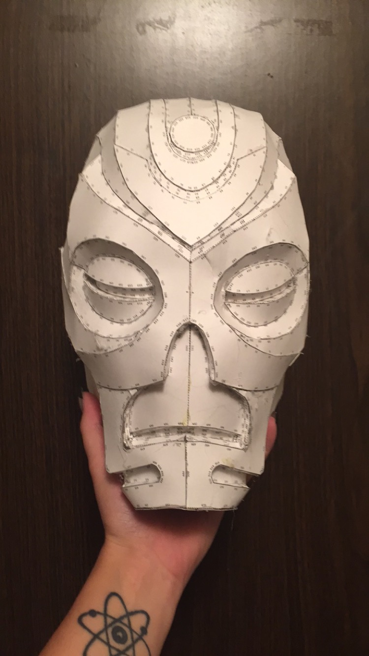 "I started by printing, cutting out, and assembling the mask using Pepakura Designer."