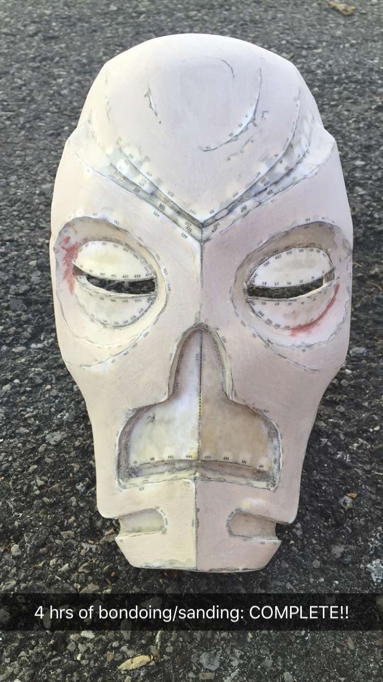 "I resined the mask, using fiberglass strips on the inside to strengthen it. Then I shaped the mask with Bondo and lots of sanding. This took a long time because the mask is smooth (unlike my Daedric armor, which looks better with all the knicks/imperfections) and required many small applications of Bondo to get the result I wanted."