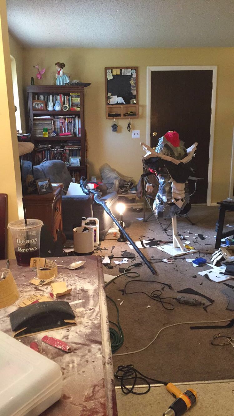 "The state of my living room as I added the foam detailing to the cuirass. Tbh, it looked like this for about two weeks. haha I really don't know how anybody can remain organized while building a set of armor."