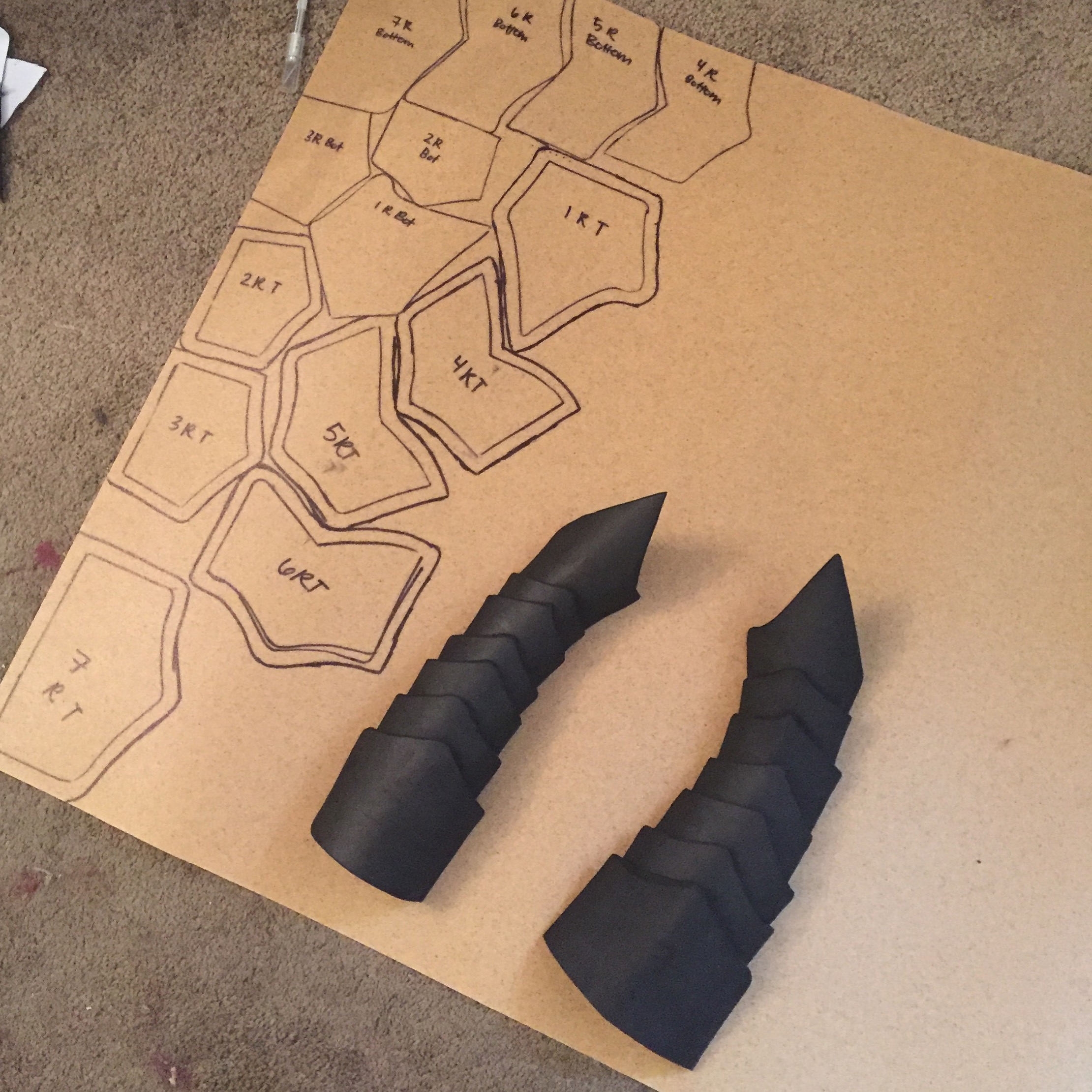 "I was going to pep the bracers/upper arms, but then realized I could save about 25 hours of work by going the worbla/foam route. I made some templates, heat formed 5mm foam to Elling's arms (not as bad as it sounds), and used the worbla sandwich method."