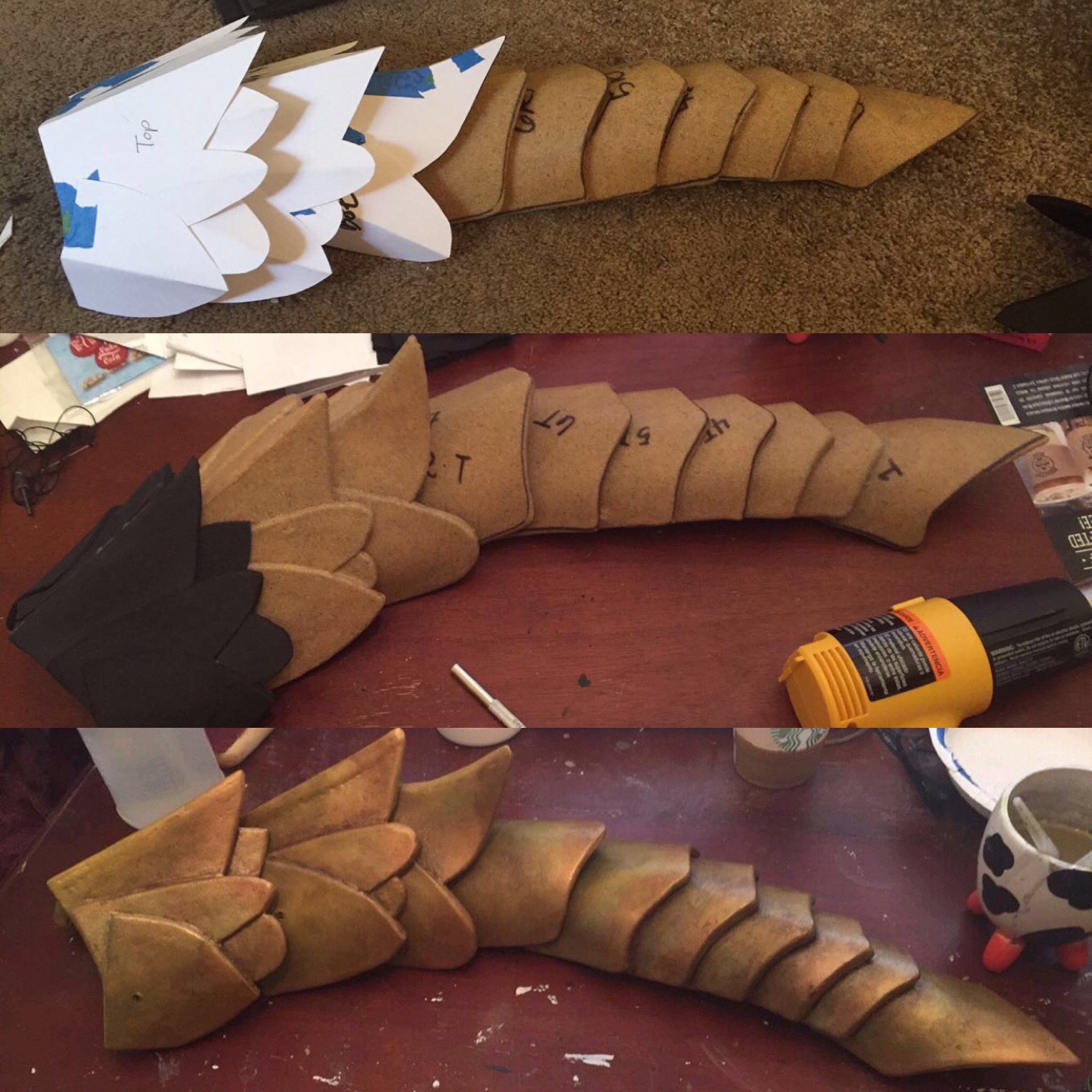 "1.) Worbla bracers + upper arm templates 2.) Progress on the upper arms! 3.) 10 coats of gesso, a lot of sanding, and a paint job later, this is the result!"