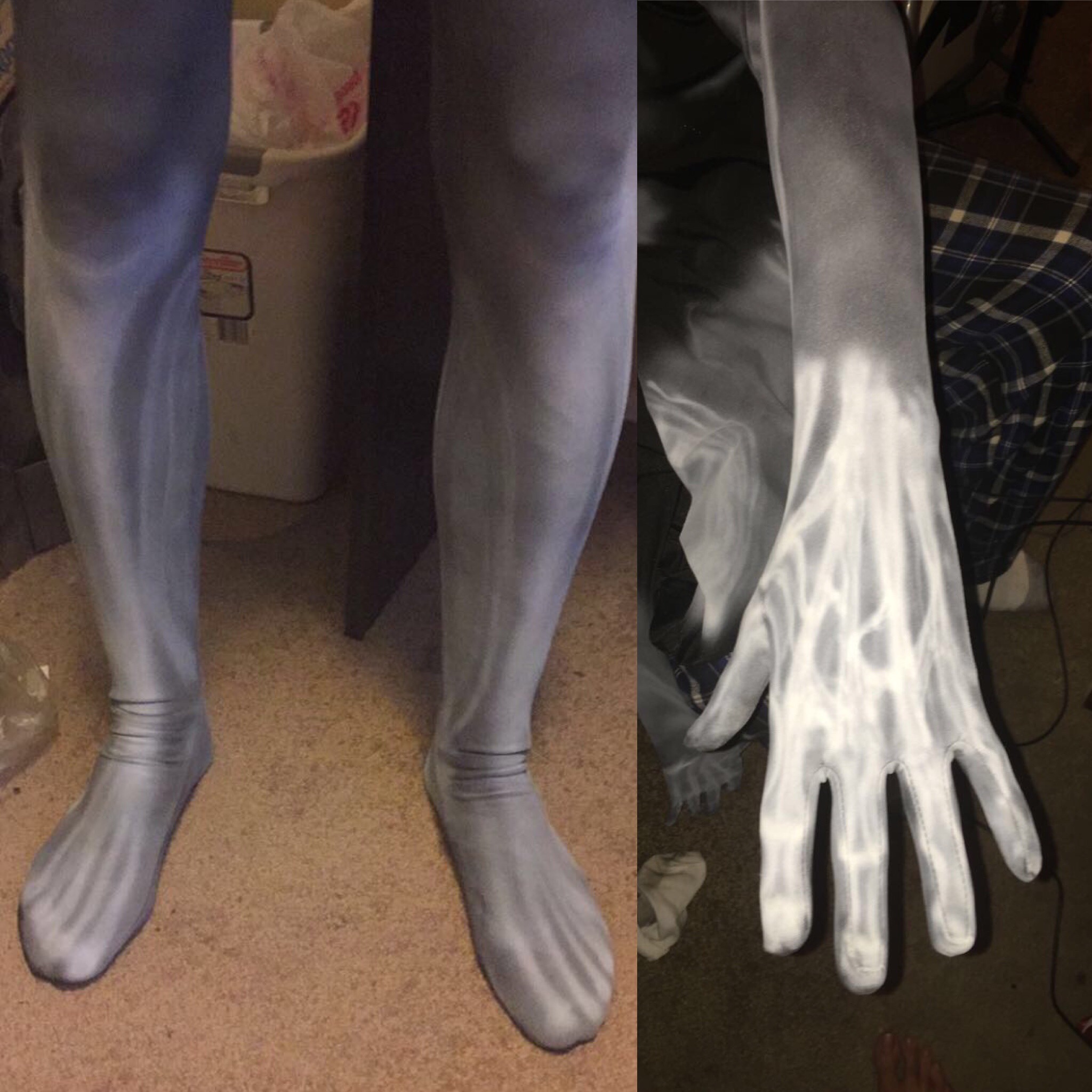 "Neither one of us wanted to deal with body paint at the con, so we opted to airbrush a body suit to achieve the mummified look of a Dragon Priest. I airbrushed the suit while Elling wore it (good thing he's patient because this took a while) and he heat-set the paint via ironing in between sessions."