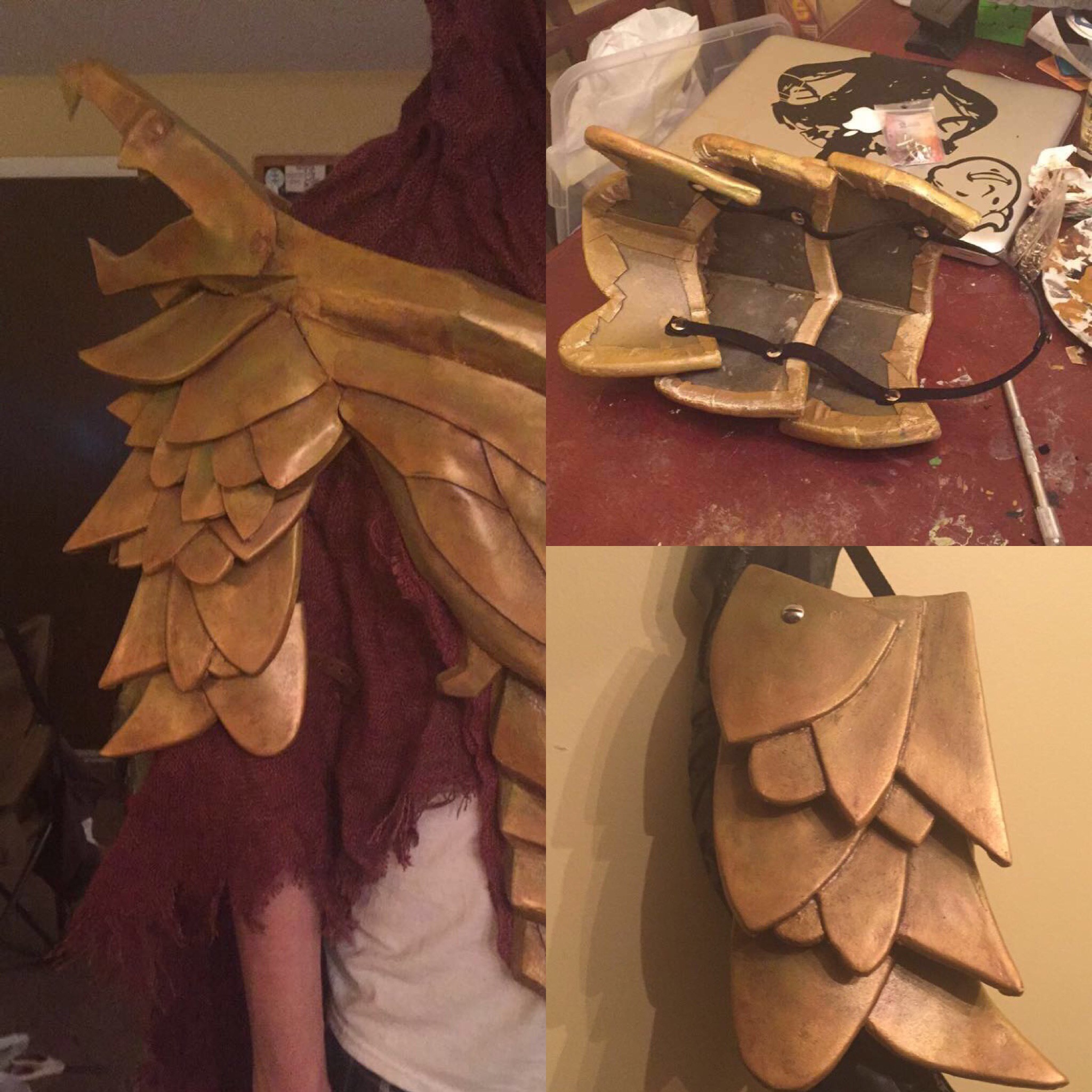 "This was BY FAR the most difficult part of the costume. It took about a dozen tries to correctly size the straps so that the upper arm pieces naturally hugged Elling's arm, while keeping the rivets hidden and allowing movement. When all was said and done, each arm is held in place with 12 straps."