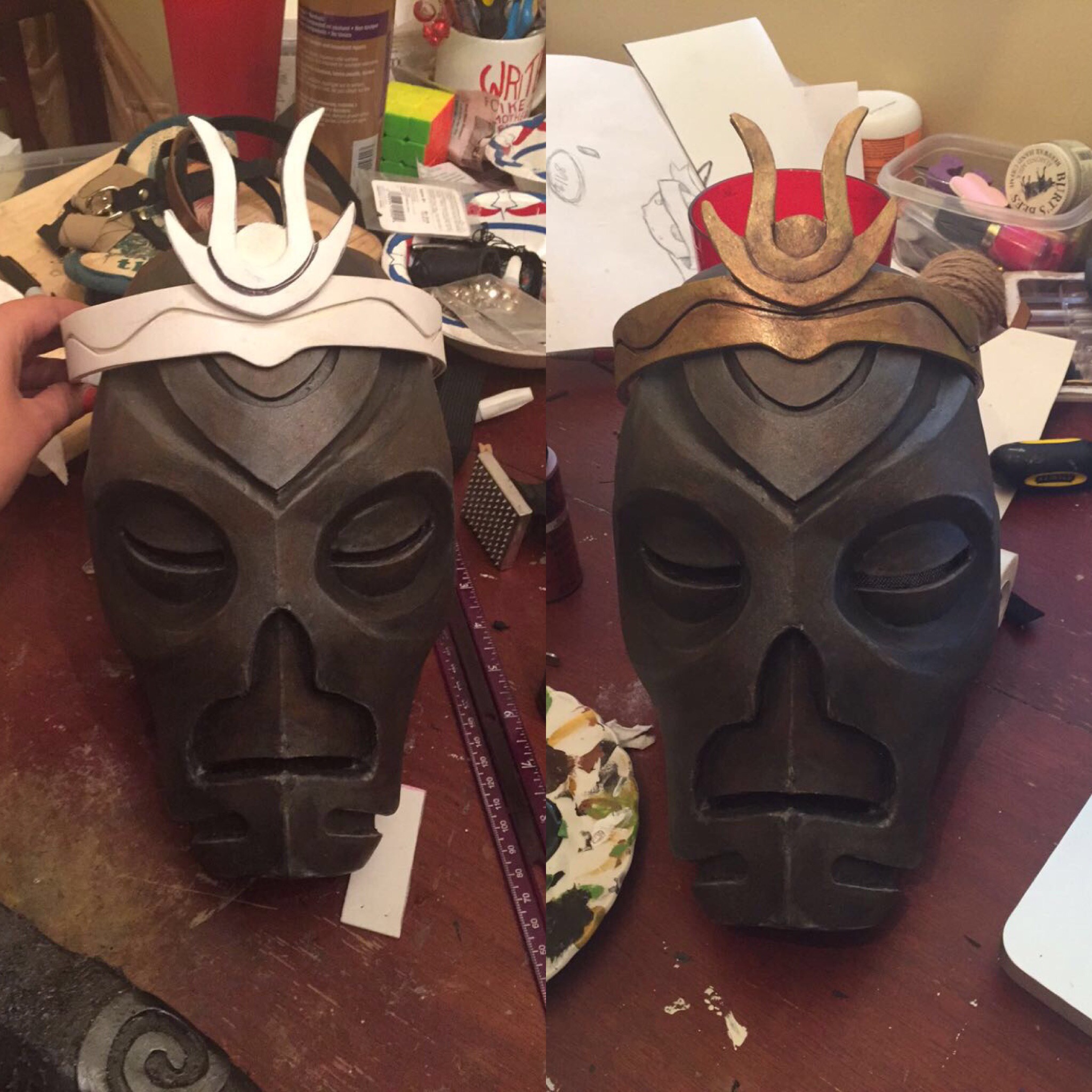 "Last but not least, the crown! I used 2mm EVA foam, contact cement, tacky glue, and paint. This attaches to the hood with Velcro."