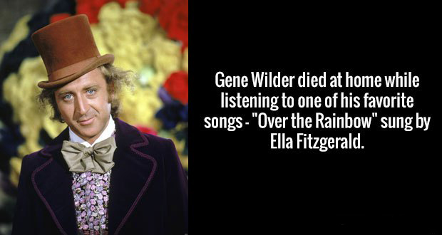 gene wilder - Gene Wilder died at home while listening to one of his favorite songs "Over the Rainbow" sung by Ella Fitzgerald.