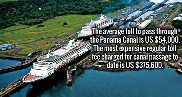 The average toll to pass through the Panama Canal is Us $54,000. The most expensive regular tll fee charged for canal passage to 44 date is Us $375,600.